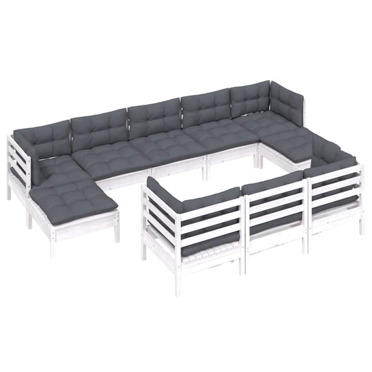 10 Piece Garden Lounge Set with Cushions White Solid Pinewood