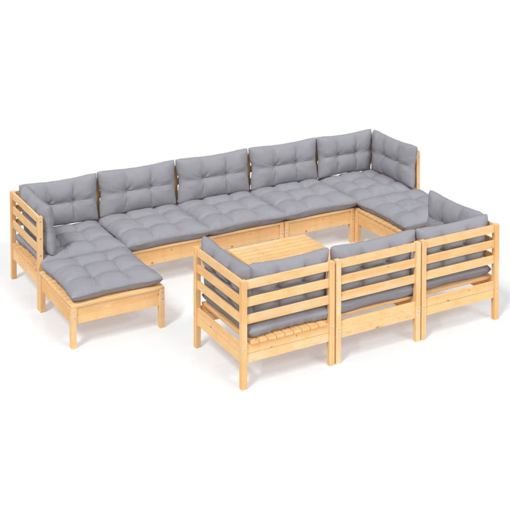 11 Piece Garden Lounge Set with Grey Cushions Solid Pinewood