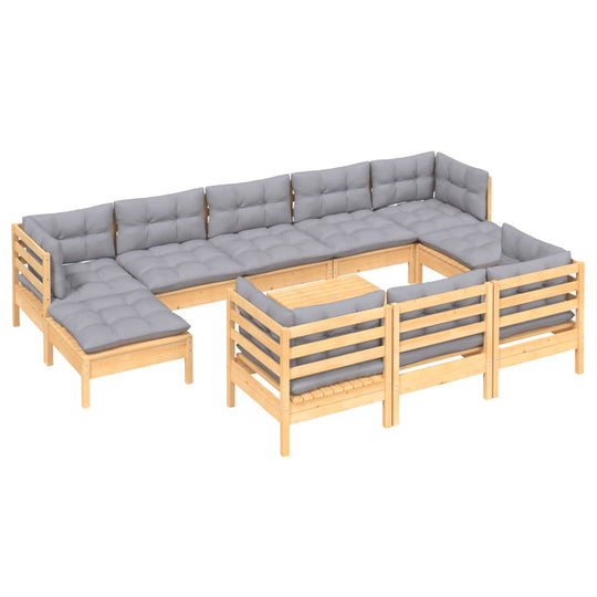 11 Piece Garden Lounge Set with Grey Cushions Solid Pinewood