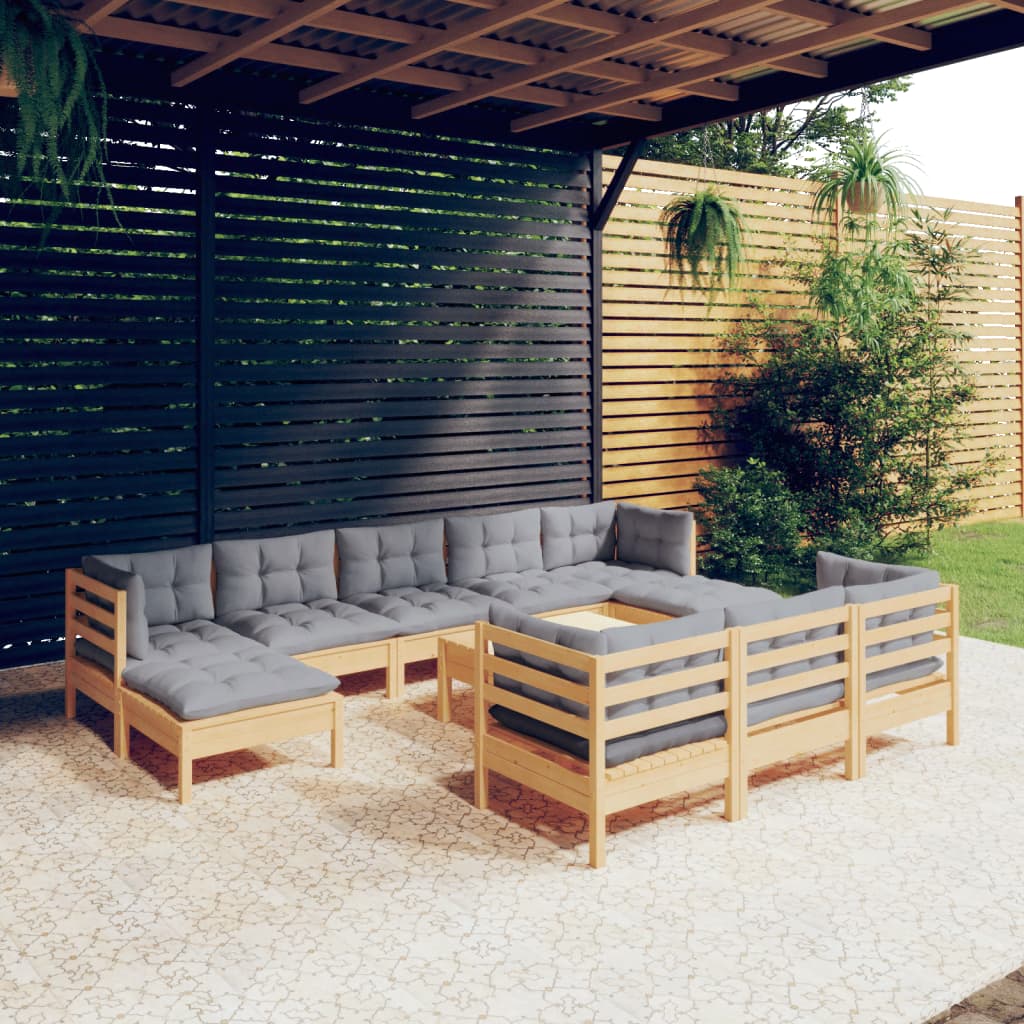 11 Piece Garden Lounge Set with Grey Cushions Solid Pinewood