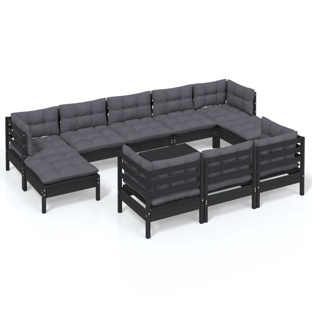 11 Piece Garden Lounge Set with Cushions Black Solid Pinewood