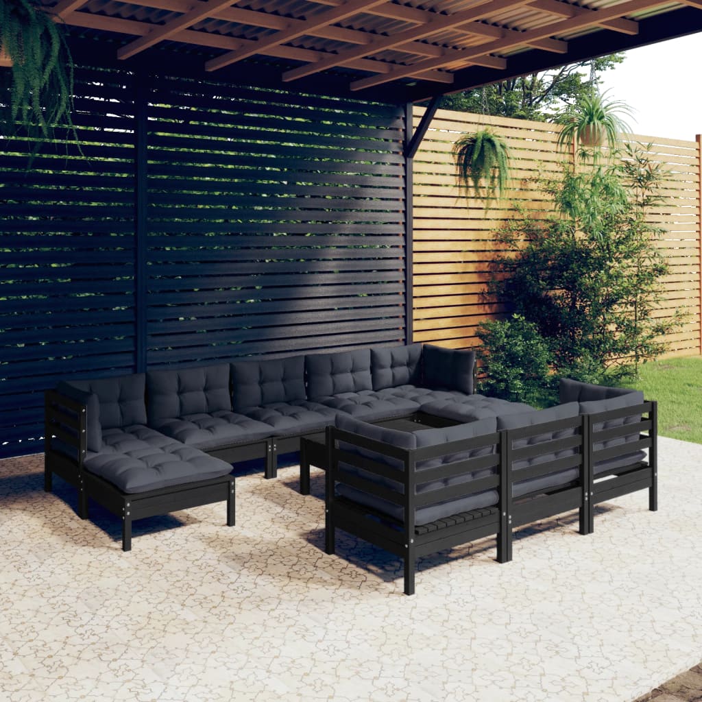 11 Piece Garden Lounge Set with Cushions Black Solid Pinewood