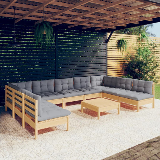 10 Piece Garden Lounge Set with Grey Cushions Solid Pinewood