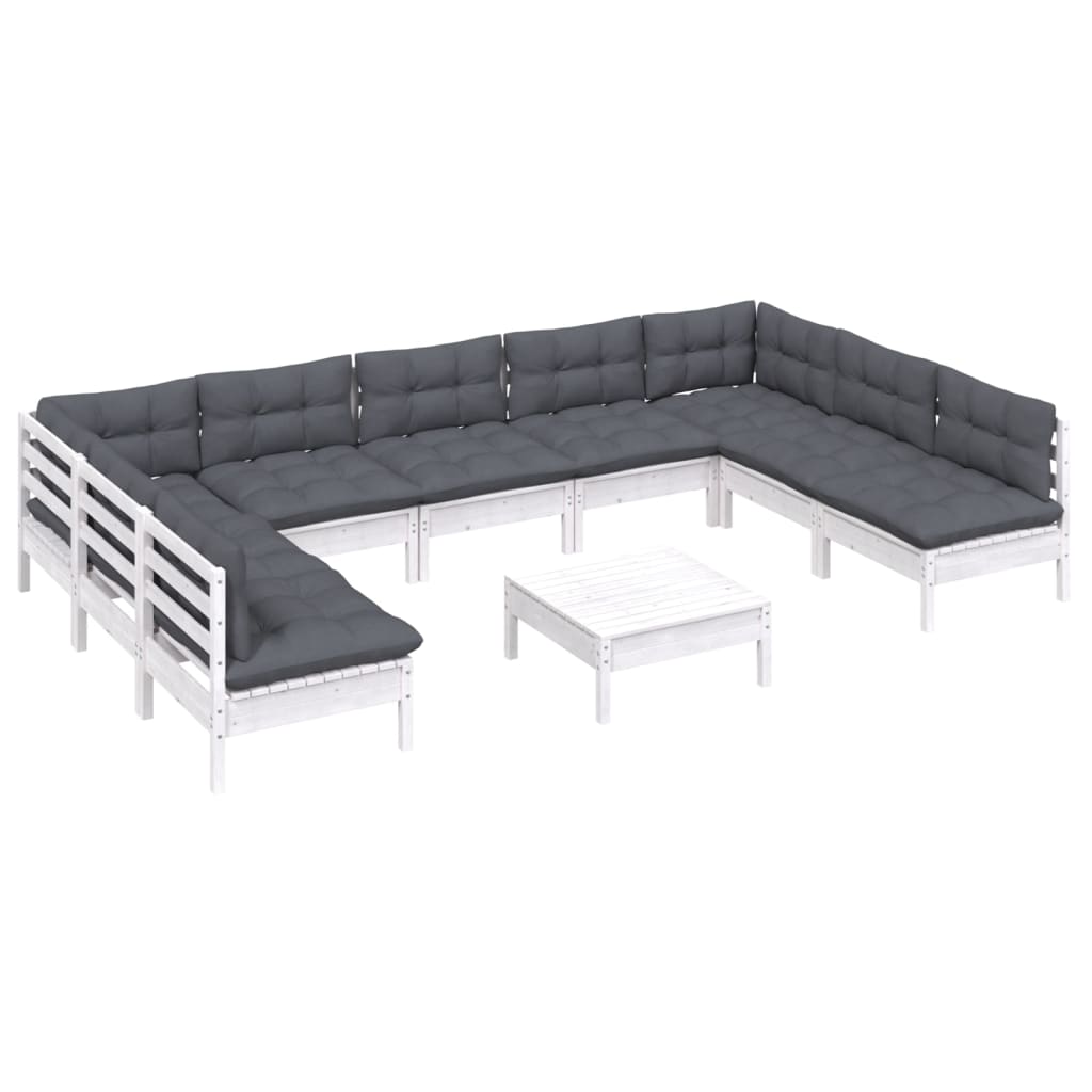 10 Piece Garden Lounge Set with Cushions White Solid Pinewood