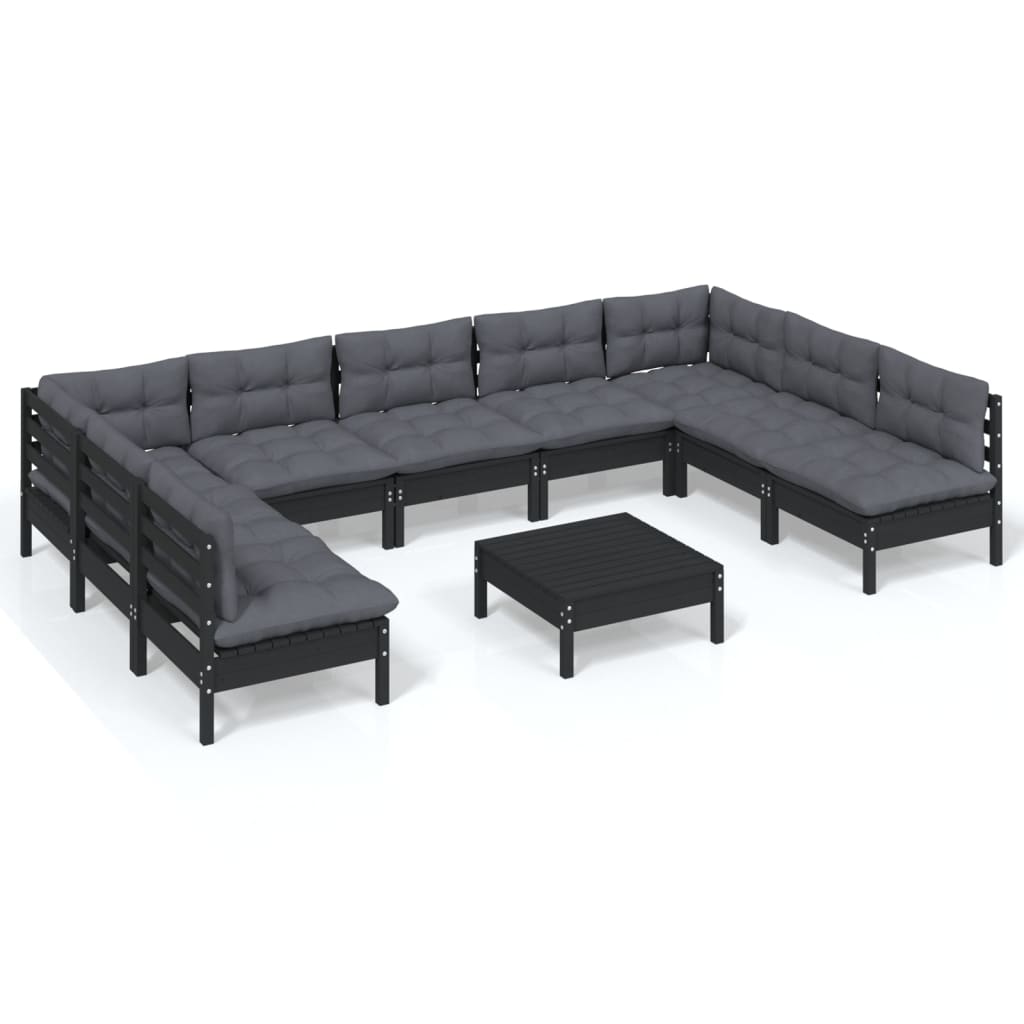 10 Piece Garden Lounge Set with Cushions Black Solid Pinewood