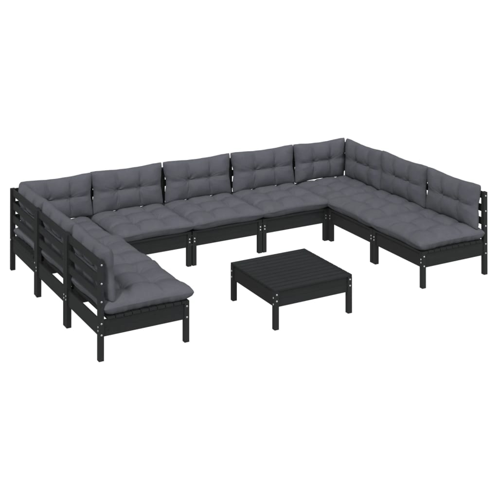 10 Piece Garden Lounge Set with Cushions Black Solid Pinewood