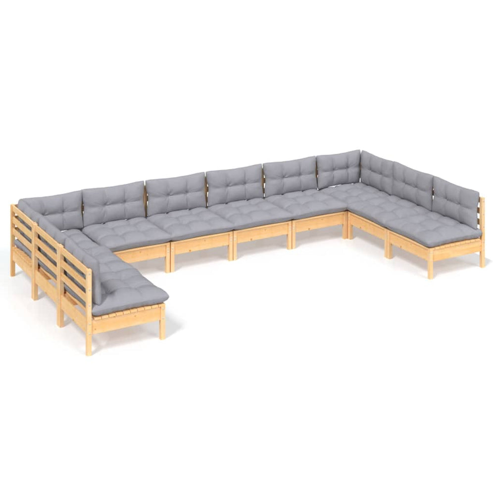 10 Piece Garden Lounge Set with Grey Cushions Solid Pinewood