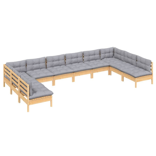 10 Piece Garden Lounge Set with Grey Cushions Solid Pinewood