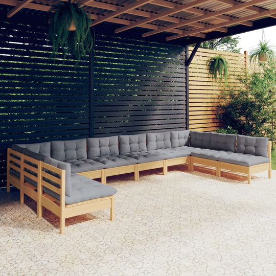 10 Piece Garden Lounge Set with Grey Cushions Solid Pinewood