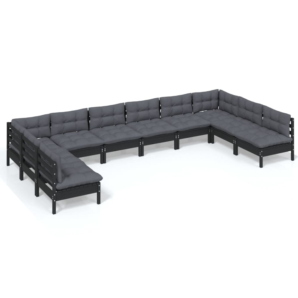 10 Piece Garden Lounge Set with Cushions Black Solid Pinewood