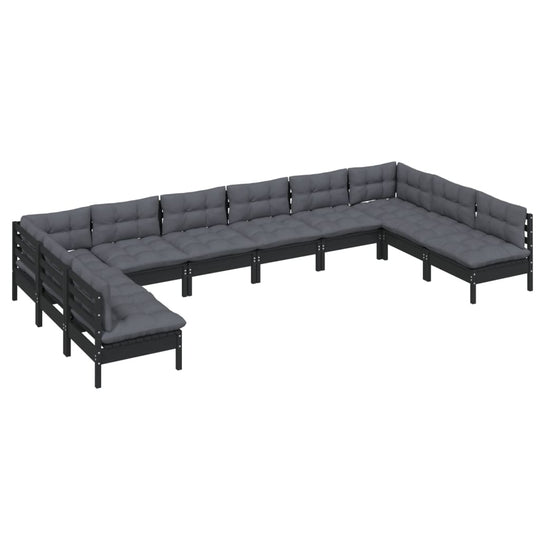 10 Piece Garden Lounge Set with Cushions Black Solid Pinewood