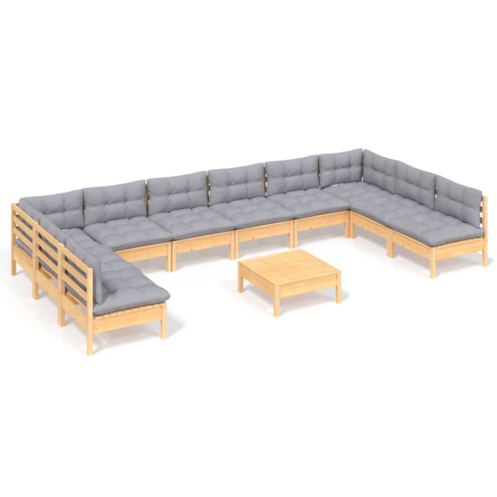 11 Piece Garden Lounge Set with Grey Cushions Solid Pinewood