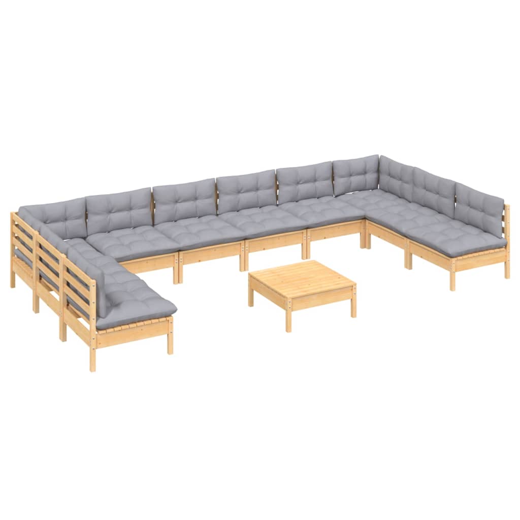 11 Piece Garden Lounge Set with Grey Cushions Solid Pinewood