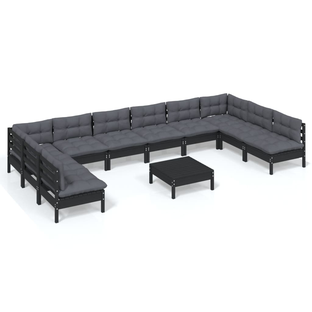 11 Piece Garden Lounge Set with Cushions Black Solid Pinewood