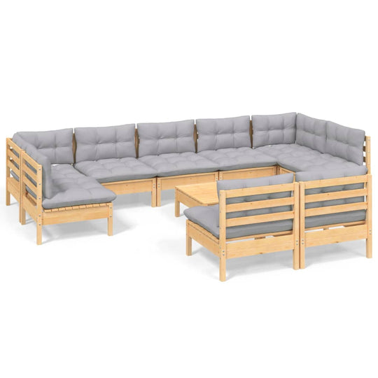 10 Piece Garden Lounge Set with Grey Cushions Solid Pinewood