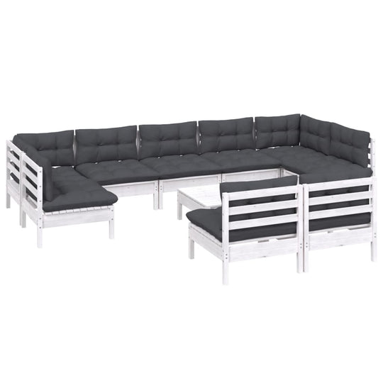 10 Piece Garden Lounge Set with Cushions White Solid Pinewood