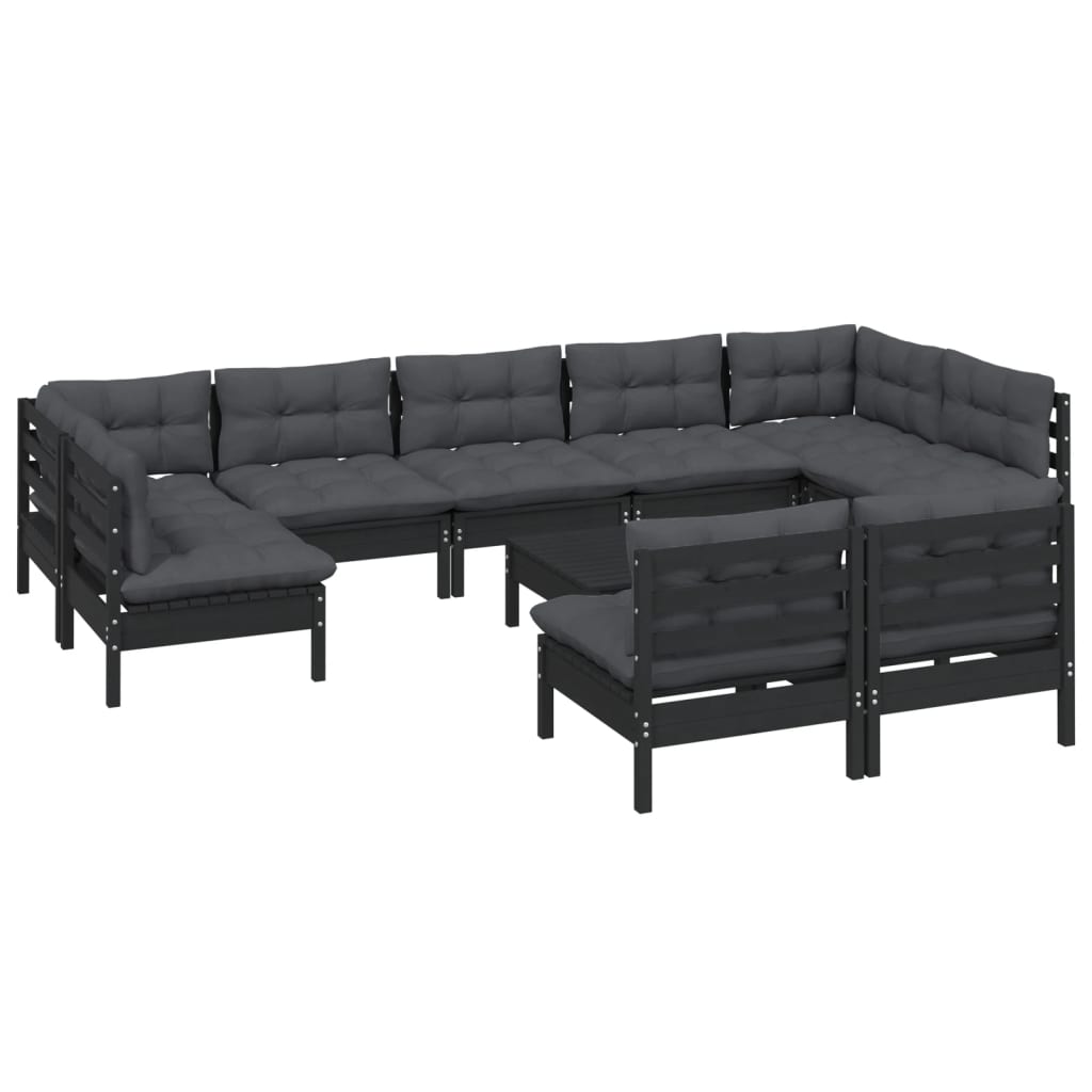 10 Piece Garden Lounge Set with Cushions Black Solid Pinewood