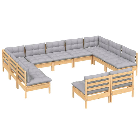 11 Piece Garden Lounge Set with Grey Cushions Solid Pinewood