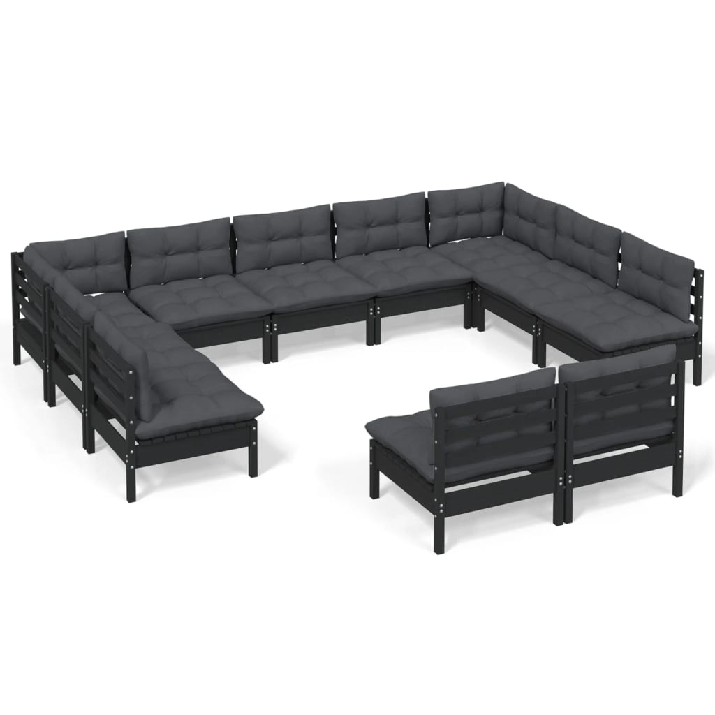 11 Piece Garden Lounge Set with Cushions Black Solid Pinewood