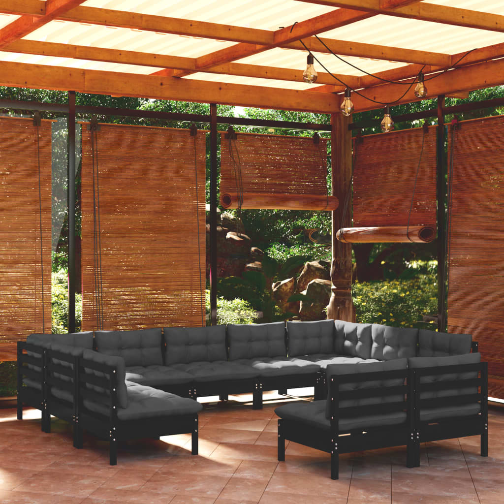 11 Piece Garden Lounge Set with Cushions Black Solid Pinewood