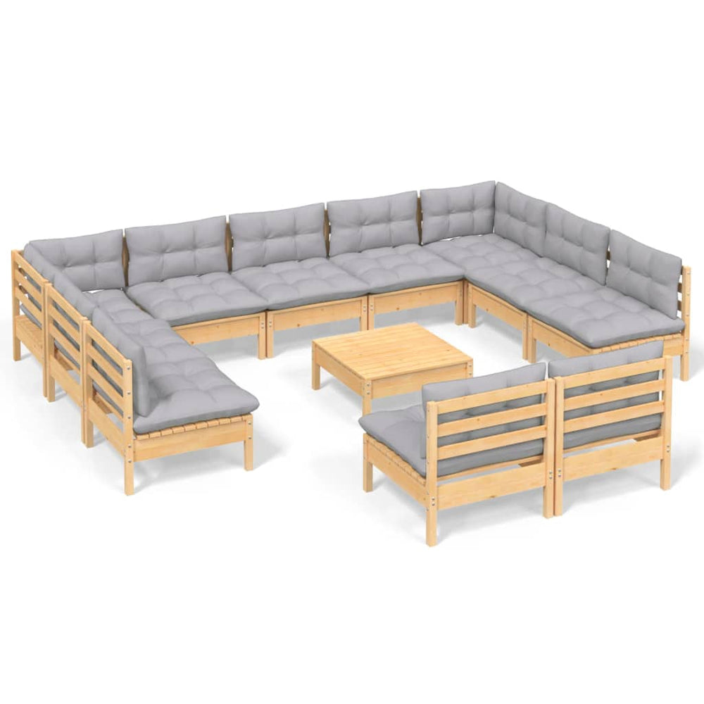 12 Piece Garden Lounge Set with Grey Cushions Solid Pinewood