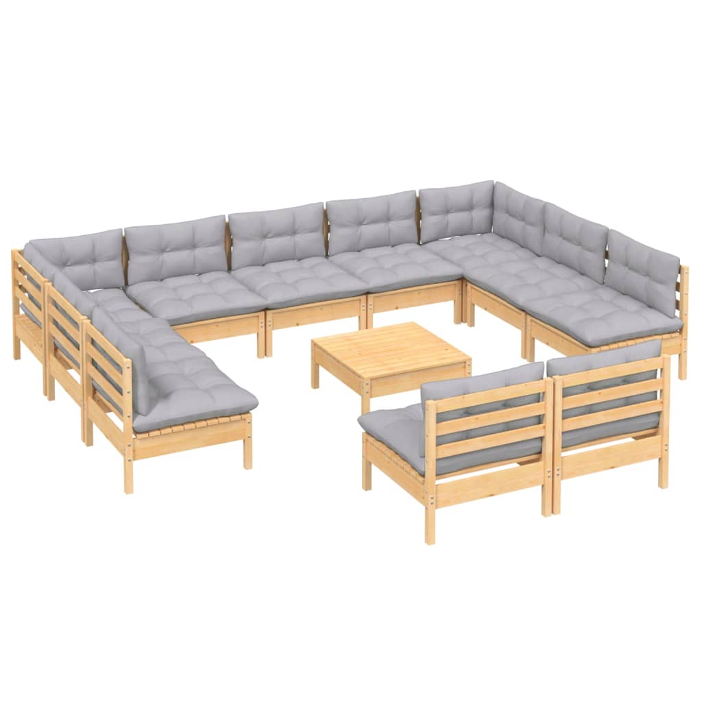 12 Piece Garden Lounge Set with Grey Cushions Solid Pinewood