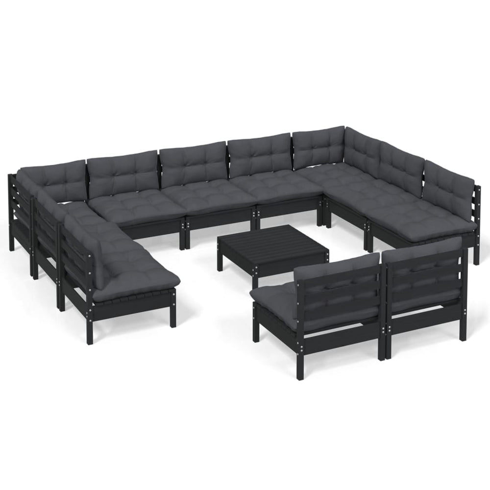 12 Piece Garden Lounge Set with Cushions Black Solid Pinewood