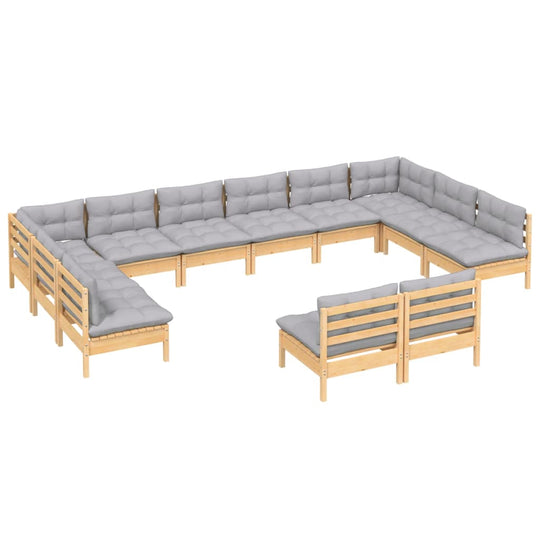 12 Piece Garden Lounge Set with Grey Cushions Solid Pinewood