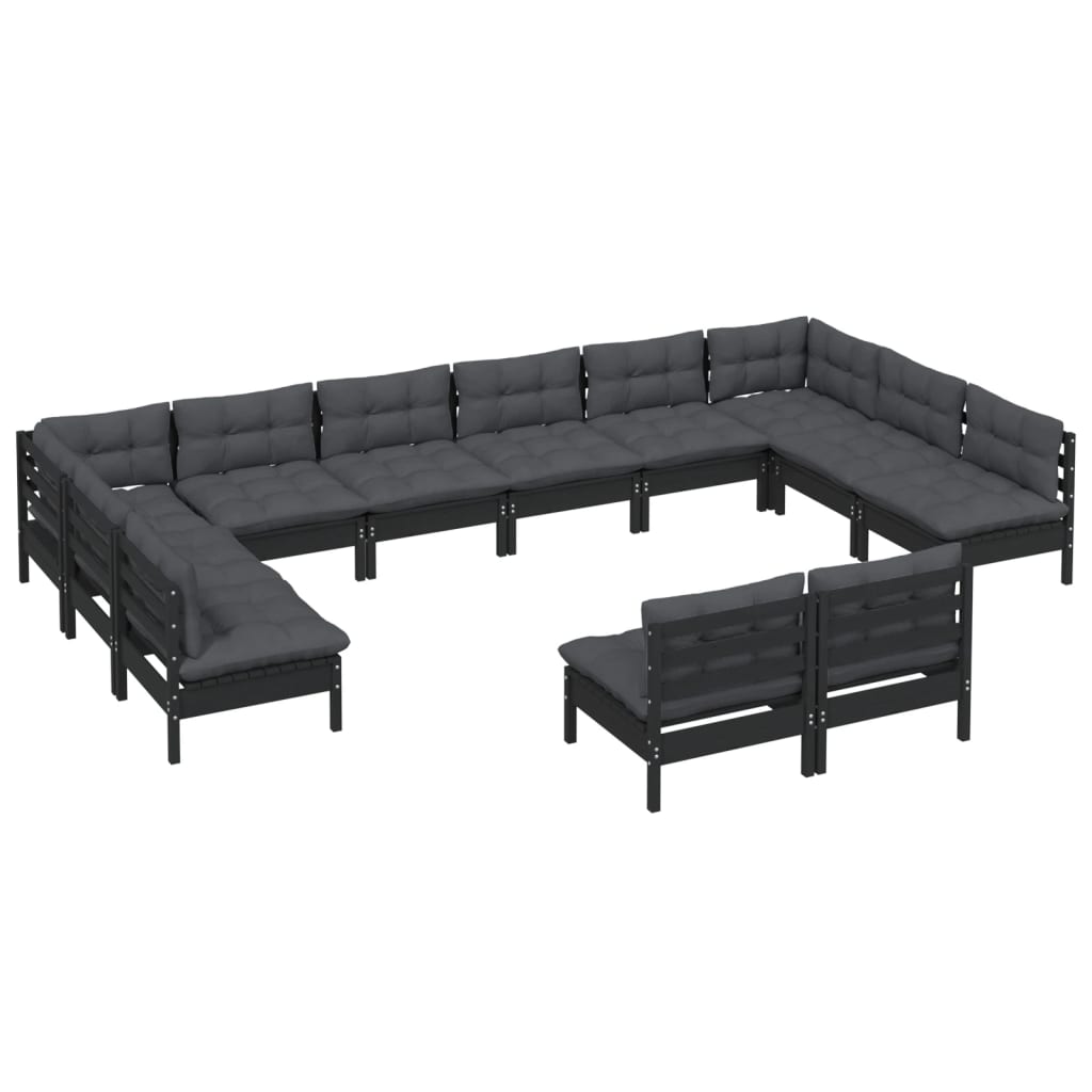 12 Piece Garden Lounge Set with Cushions Black Solid Pinewood