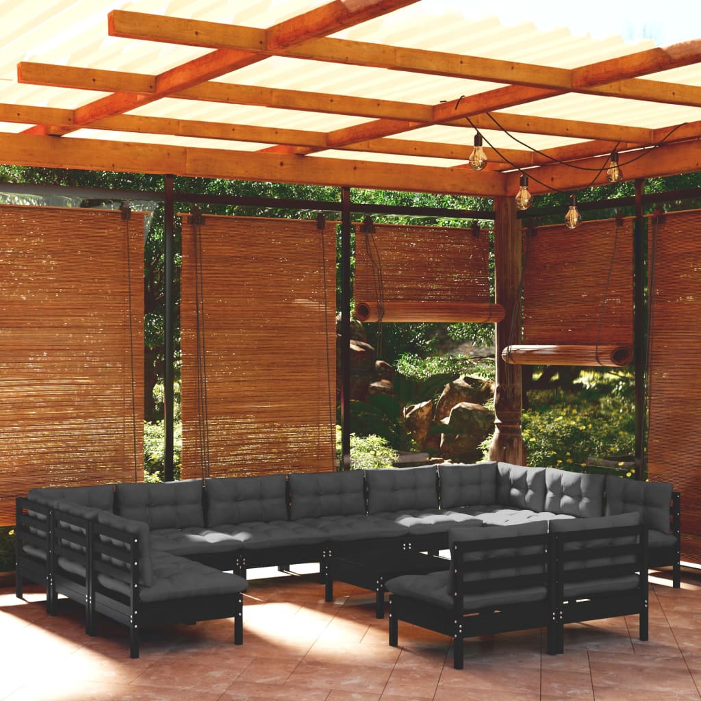 13 Piece Garden Lounge Set with Cushions Black Solid Pinewood