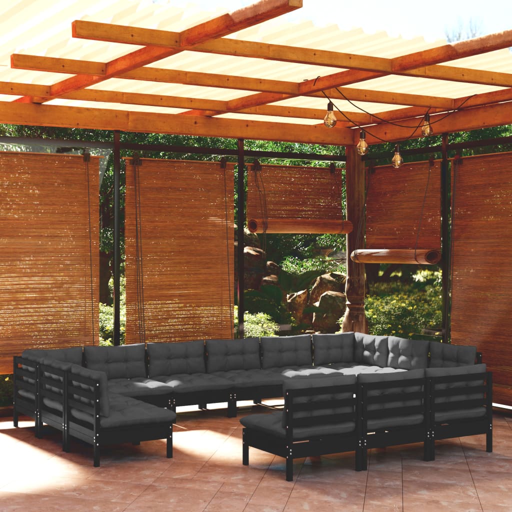 13 Piece Garden Lounge Set with Cushions Black Solid Pinewood