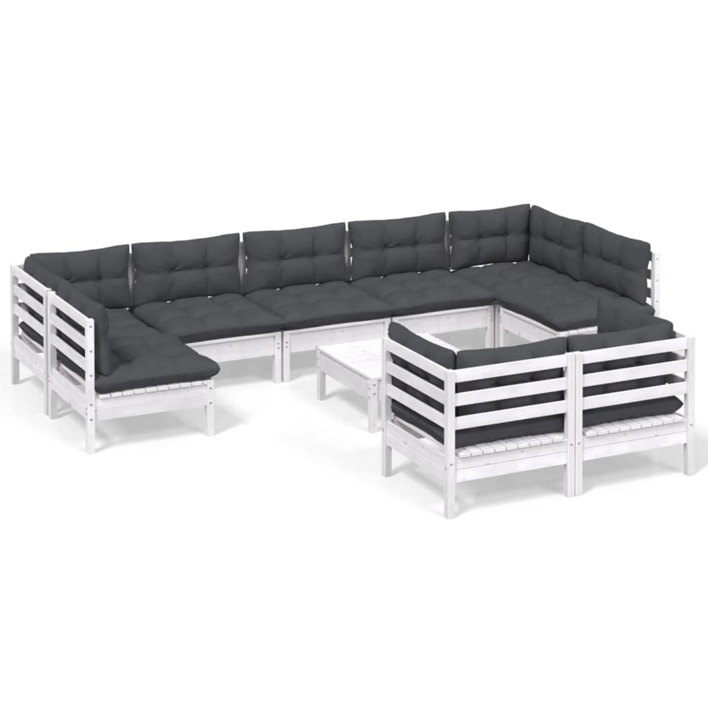 10 Piece Garden Lounge Set with Cushions White Solid Pinewood