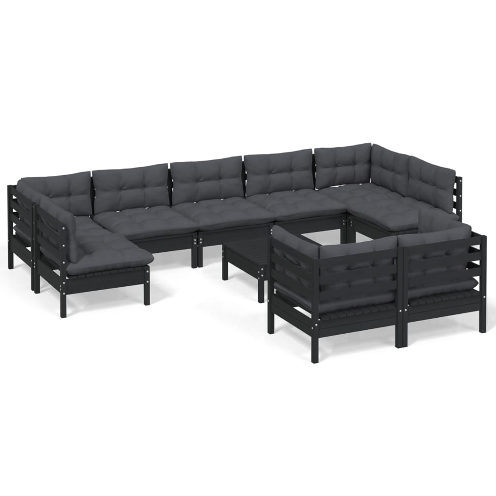 10 Piece Garden Lounge Set with Cushions Black Solid Pinewood