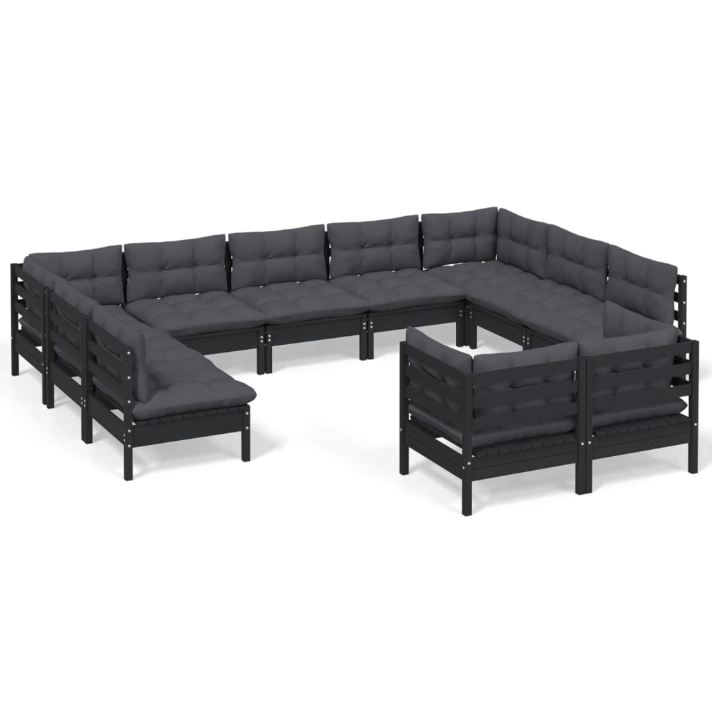 11 Piece Garden Lounge Set with Cushions Black Solid Pinewood