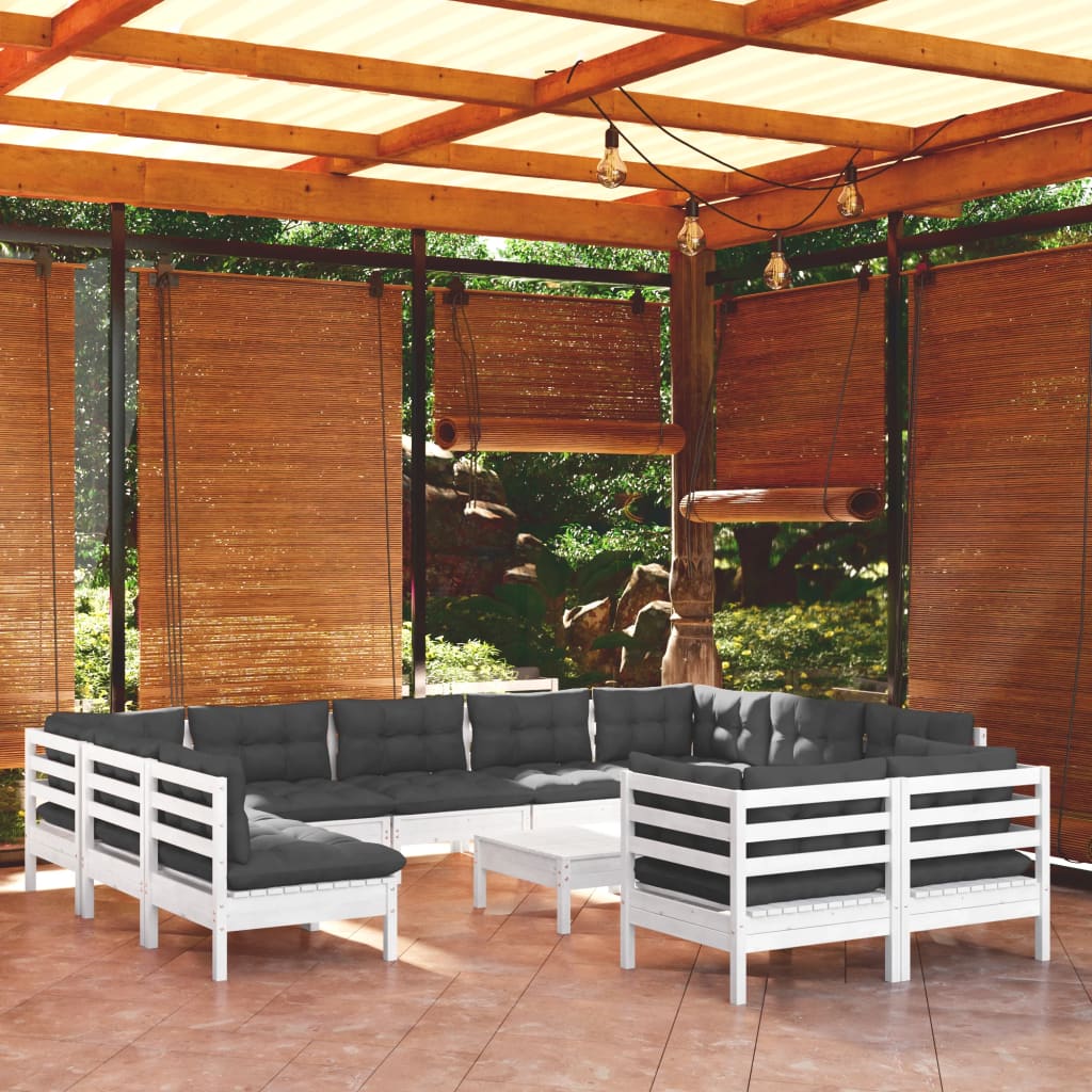 12 Piece Garden Lounge Set with Cushions White Solid Pinewood