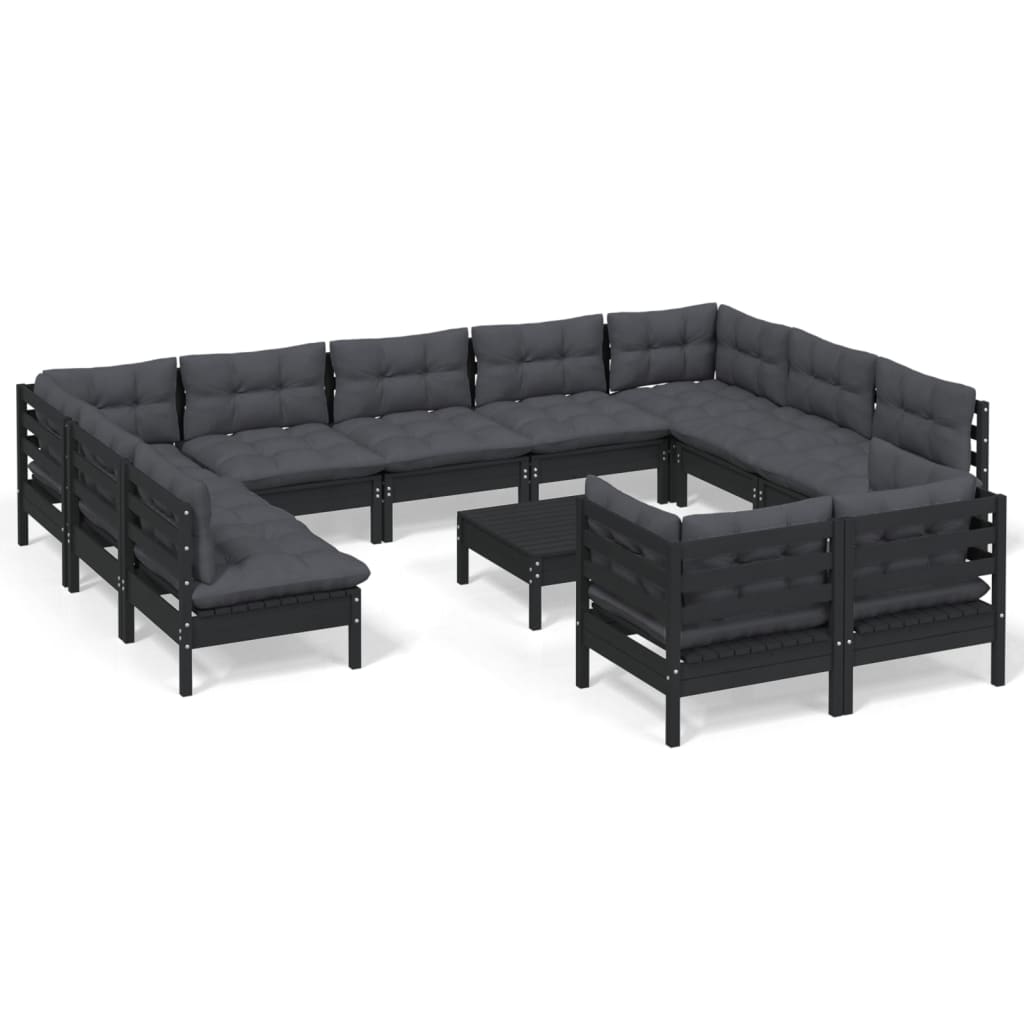 12 Piece Garden Lounge Set with Cushions Black Solid Pinewood