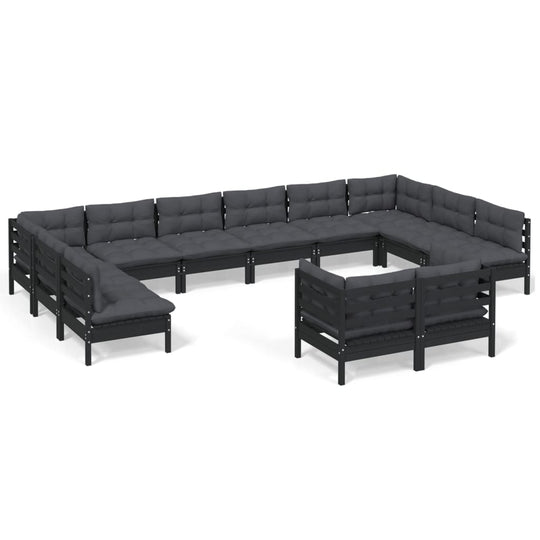 12 Piece Garden Lounge Set with Cushions Black Solid Pinewood