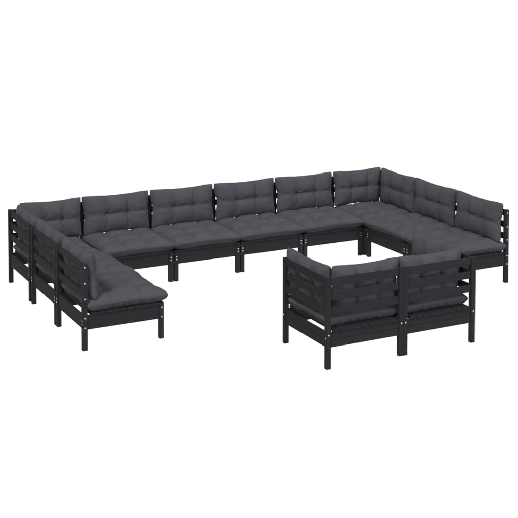 12 Piece Garden Lounge Set with Cushions Black Solid Pinewood