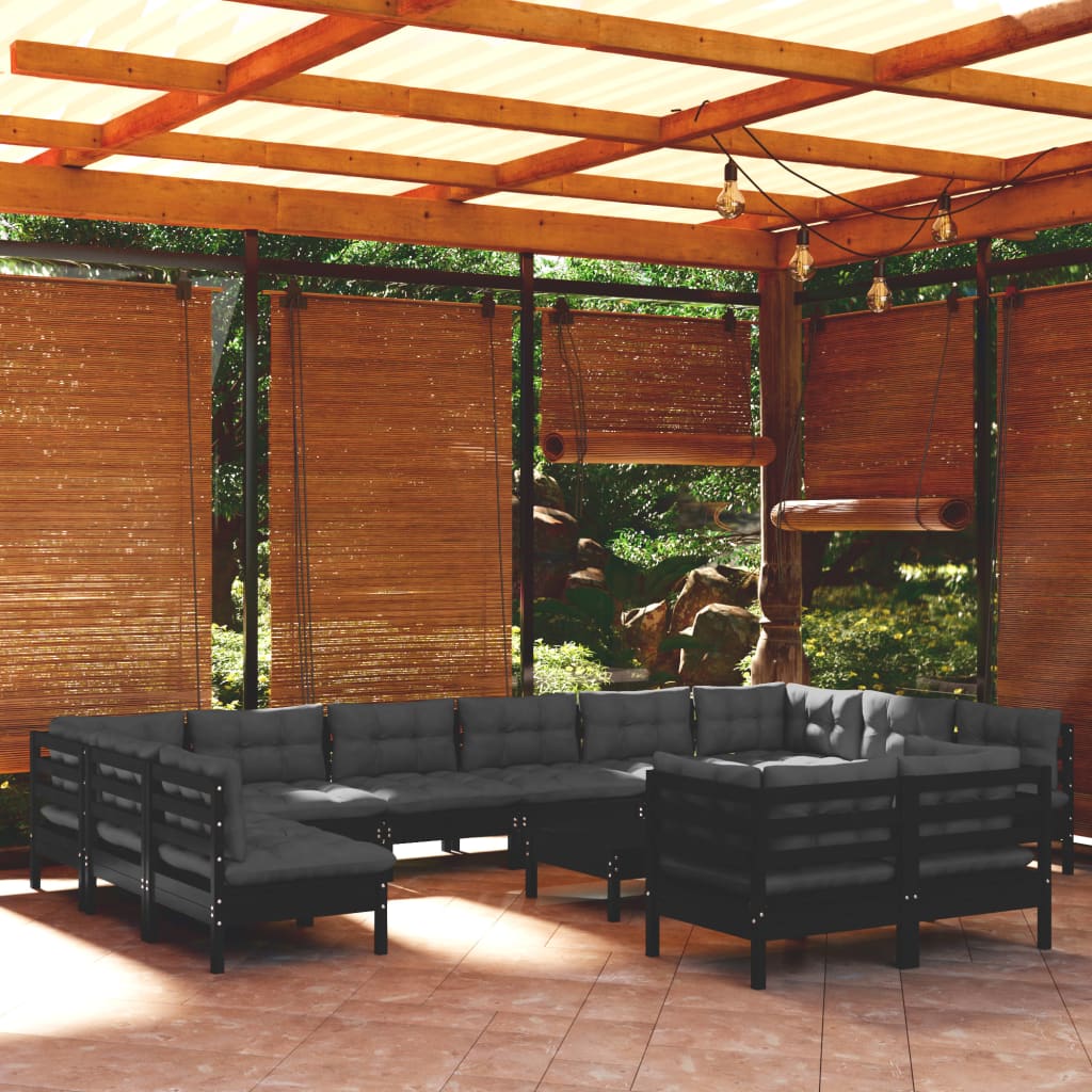 13 Piece Garden Lounge Set with Cushions Black Pinewood