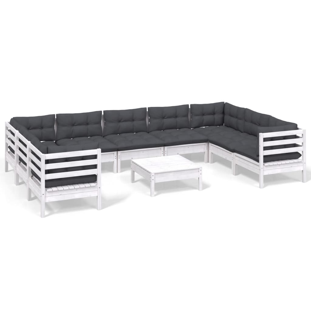 10 Piece Garden Lounge Set with Cushions White Pinewood