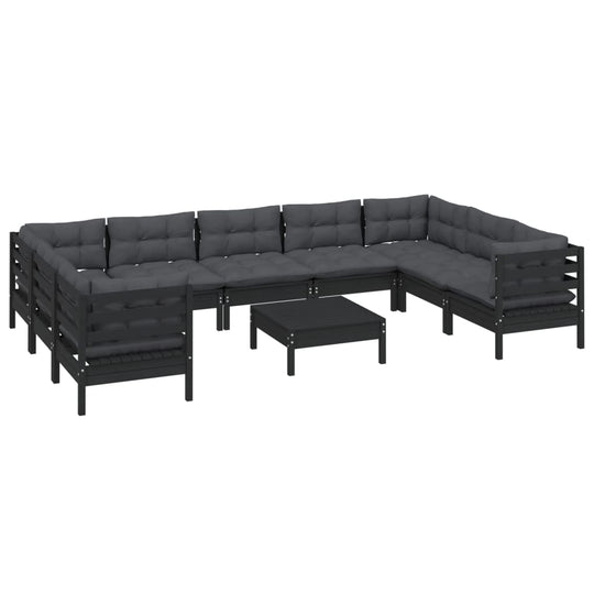 10 Piece Garden Lounge Set with Cushions Black Pinewood