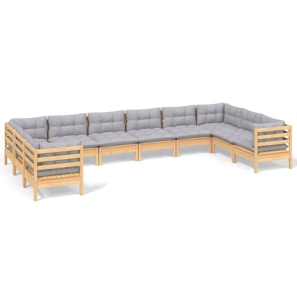 10 Piece Garden Lounge Set with Grey Cushions Pinewood