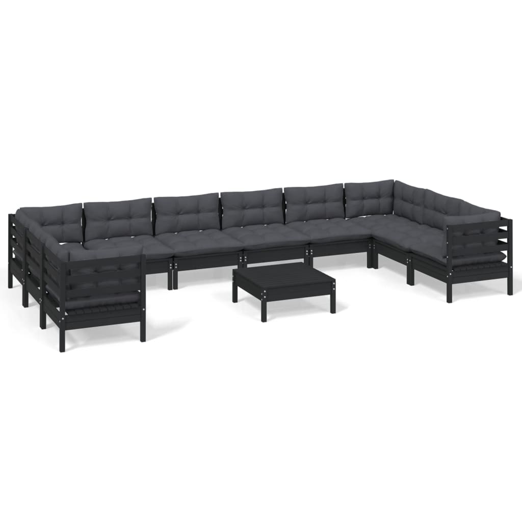 11 Piece Garden Lounge Set with Cushions Black Pinewood