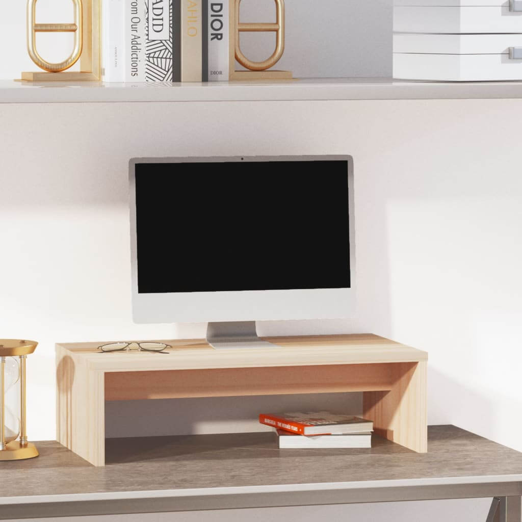 Solid pine wood monitor stand, 50x27x15 cm, holding a computer in a stylish and organized workspace. Affordable, quality, and great value addition.