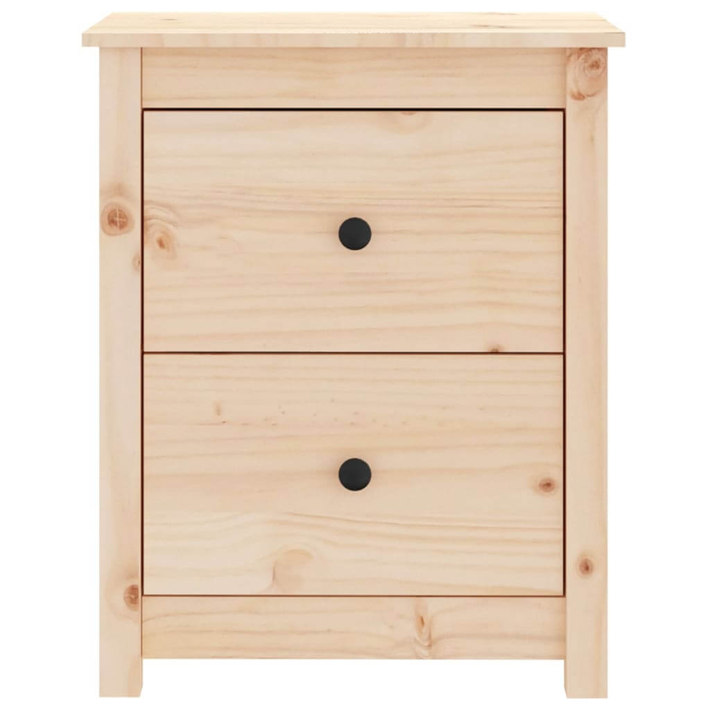 Affordable solid wood pine bedside cabinet with two drawers, featuring a sleek and classic design for quality bedroom storage.