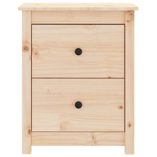 Affordable solid wood pine bedside cabinet with two drawers, featuring a sleek and classic design for quality bedroom storage.