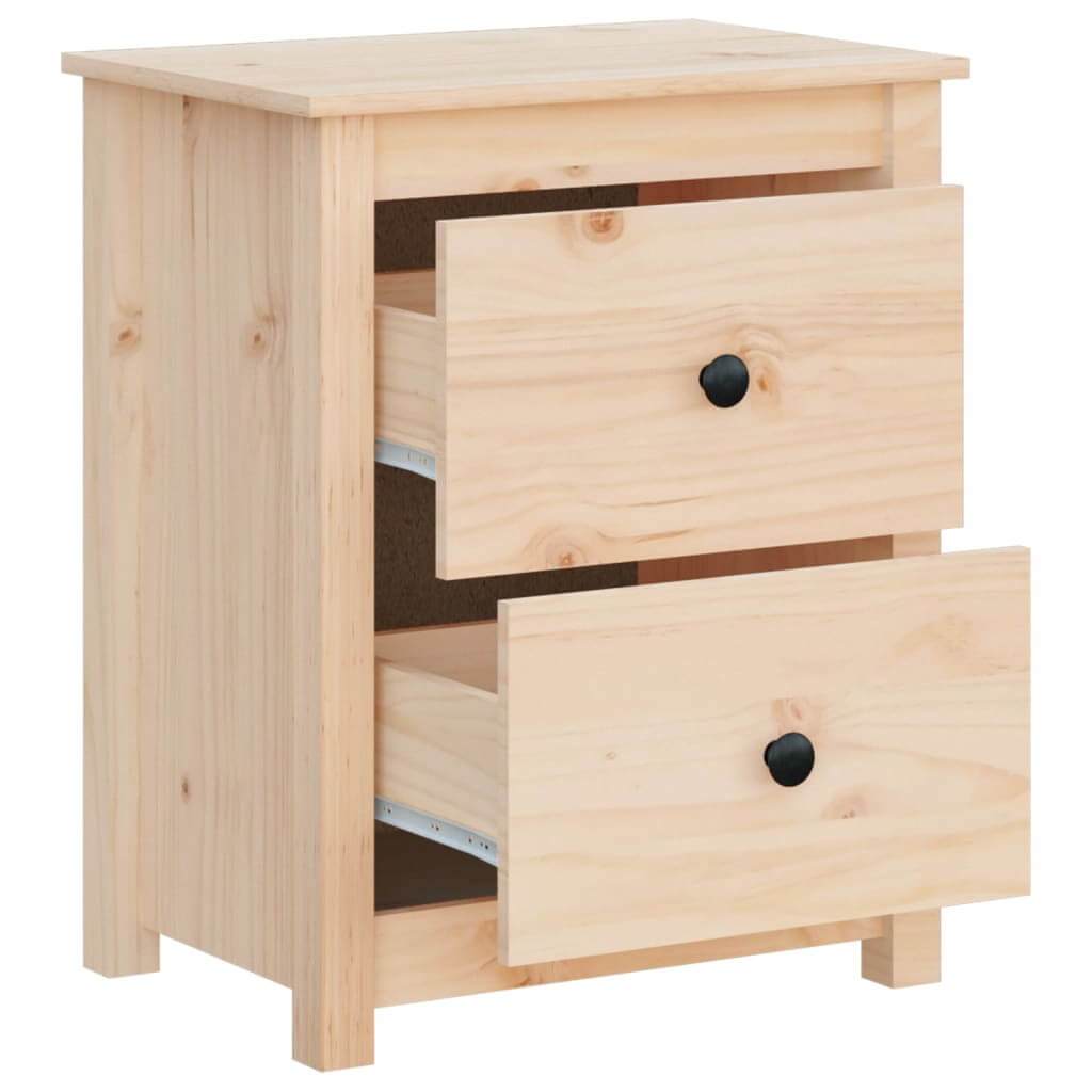 Affordable and cheap quality bedside cabinet in solid pine wood with two spacious drawers and knob handles. Stylish and functional design.