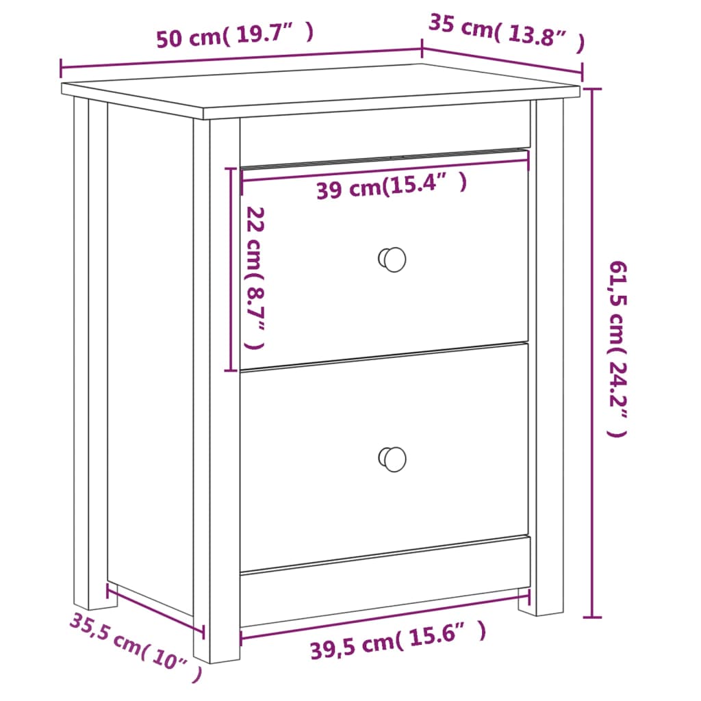 Dimensions of affordable solid wood bedside cabinet with two drawers, 50x35x61.5 cm, sleek design, quality, and value.