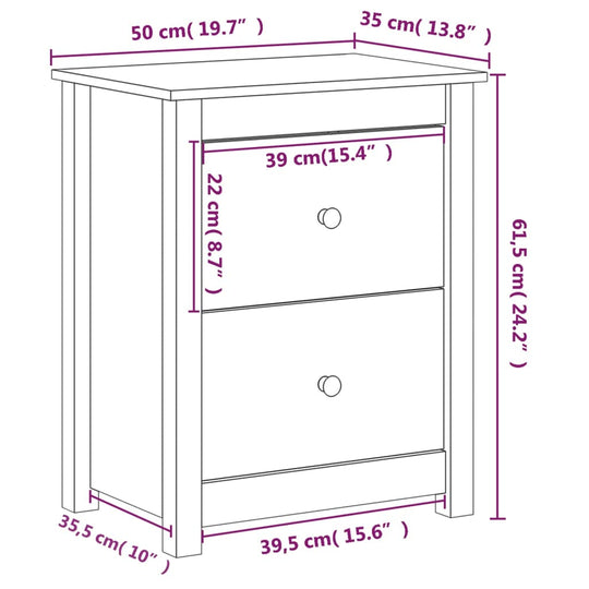 Dimensions of affordable solid wood bedside cabinet with two drawers, 50x35x61.5 cm, sleek design, quality, and value.