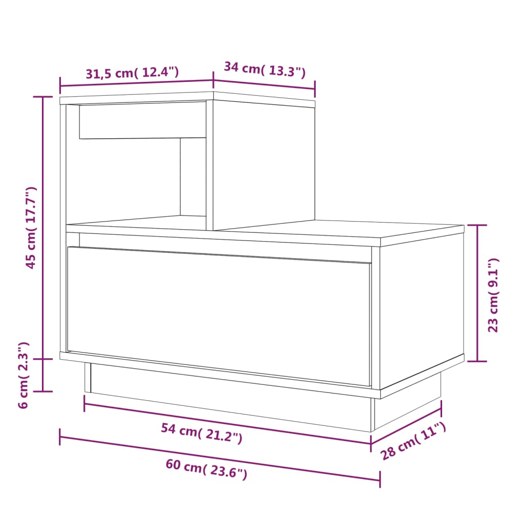 Dimensions diagram of affordable bedside cabinets 60x34x51 cm with drawer and compartment for quality storage, made from solid pine wood.